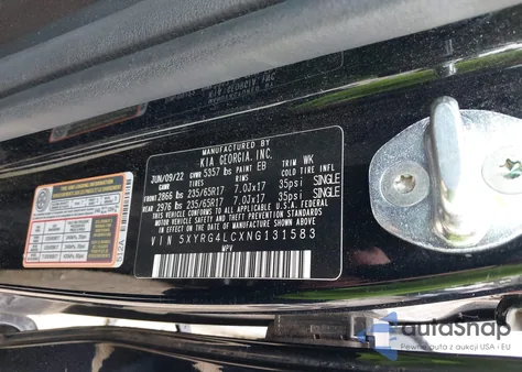 2022 Kia Sorento Lx z USA, uszkodzony, nr VIN 5XYRG4LCXNG131583